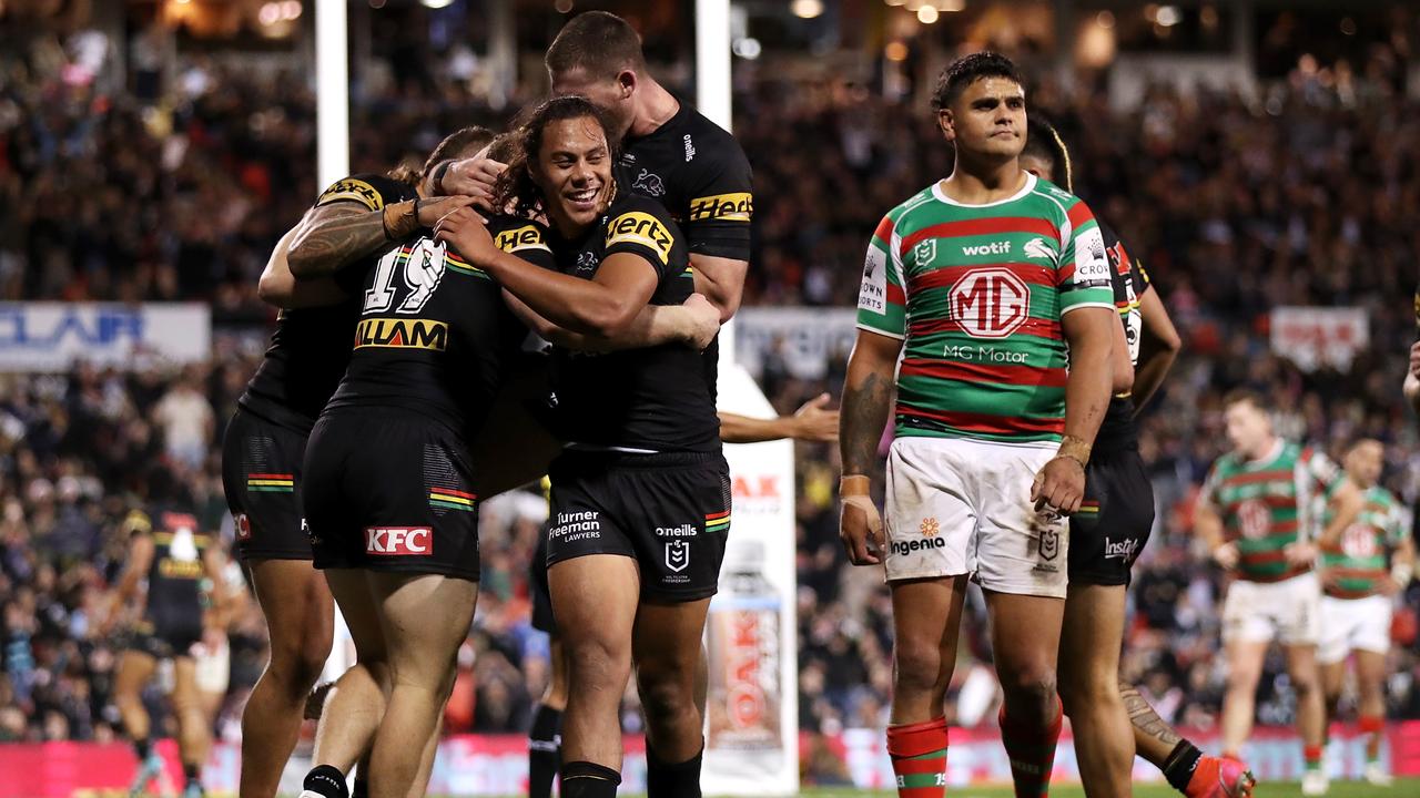 PENRITH, AUSTRALIA - APRIL 01: Liam Martin of the Panthers celebrates with his team mates after scoring a try during the round four NRL match between the Penrith Panthers and the South Sydney Rabbitohs at BlueBet Stadium, on April 01, 2022, in Penrith, Australia. (Photo by Matt King/Getty Images)
