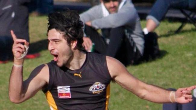 Snap of the week: Daniel Scala celebrates a goal for Balwyn during its win over Noble Park on Saturday. Picture: David Woodhouse