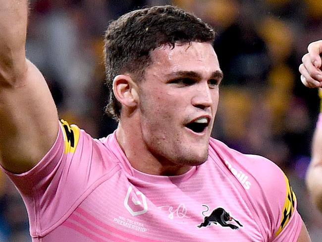 BRISBANE, AUSTRALIA - MAY 16: Nathan Cleary of the Panthers celebrates scoring a try during the round 10 NRL match between the Gold Coast Titans and the Penrith Panthers at Suncorp Stadium, on May 16, 2021, in Brisbane, Australia. (Photo by Bradley Kanaris/Getty Images) *** BESTPIX ***