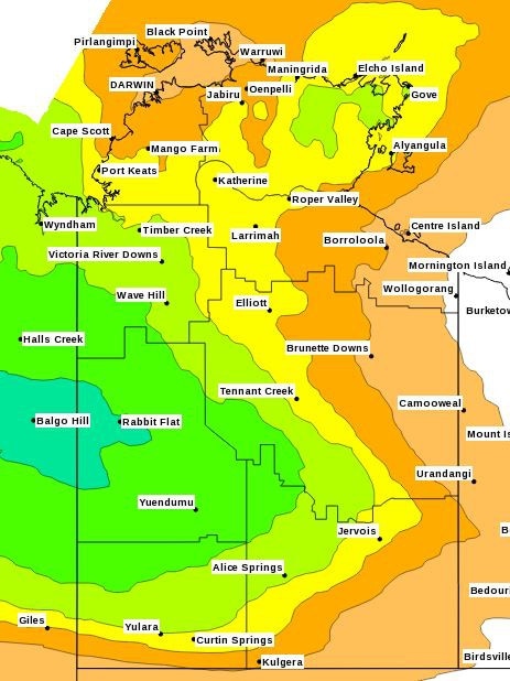 The Bureau of Meteorology has issued a flood watch at 11am on Sunday, May 25, warning localised flooding could be possible in the Tanami, Central and Western Desert, and Sturt Creek District catchments. Picture: BOM