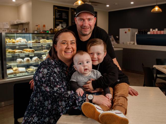 Kelly and Darren Townsend with their children Casey, five months, and Michael, three. Picture: Matt Turner