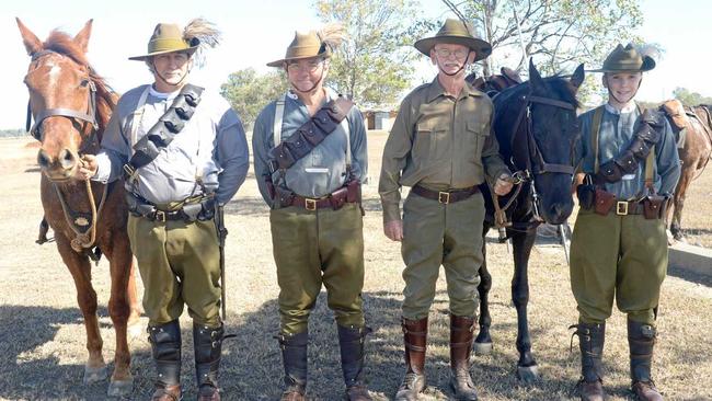 TROOP MEMBERS: Molly, Trooper Paul Johnston, Troop Sergant Wayne Brown, Coropral Ron Stehn, Sydney and Trooper Nikki Olzard of the Mt Morgan 5th division Australian Light Horse brigade. Picture: Jann Houley