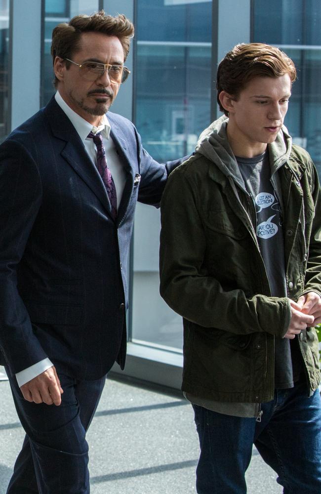 Robert Downey Jr. as Tony Stark and Tom Holland’s Peter Parker in a scene from Spider-Man: The Homecoming. Picture: Chuck Zlotnick