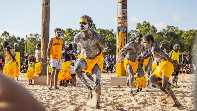 Gumatj dancers perform during the Bungul (dance) during Garma Festival in 2022. Picture: Tamati Smith