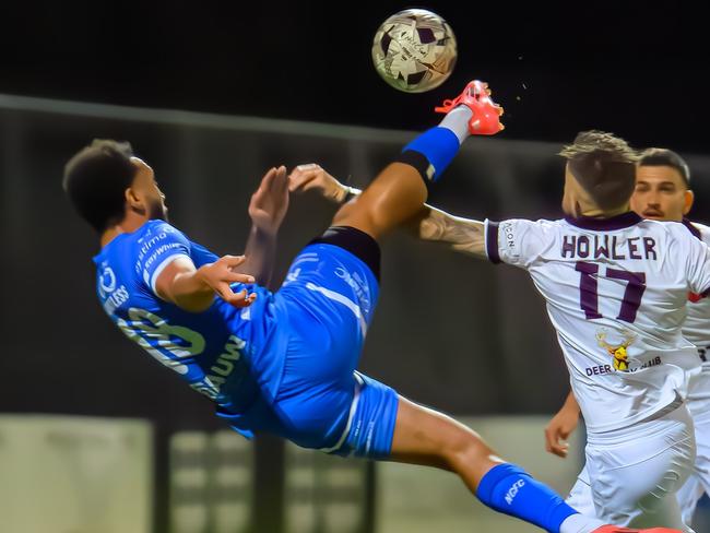 Northcote City's Devon O'Hea scores with a bicycle kick. Picture: Marcusr Photography