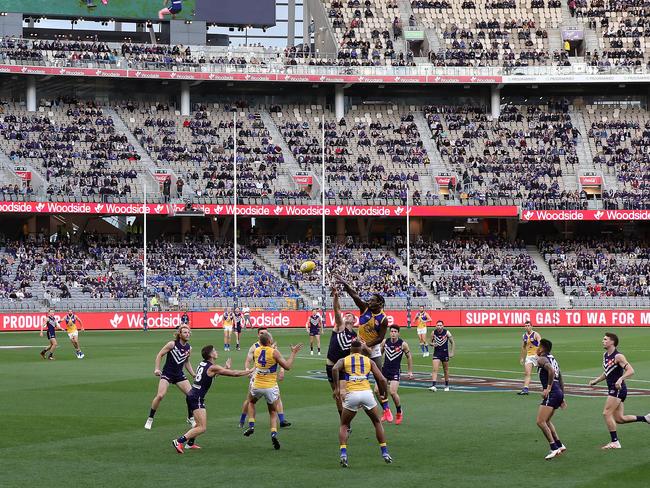 PERTH, AUSTRALIA - JULY 19: Sean Darcy of the Dockers and Nic Naitanui of the Eagles contest the ruck during the round 7 AFL match between the Fremantle Dockers and the West Coast Eagles at Optus Stadium on July 19, 2020 in Perth, Australia. (Photo by Paul Kane/Getty Images)