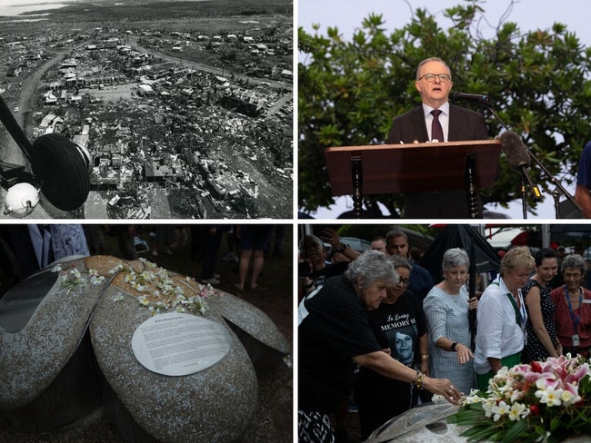 Cyclone Tracy damage in Fannie Bay; Prime Minister Anthony Albanese attends the dawn service; a monument dedicated to those who died in the tragedy; Territorians gathered at East Point Reserve to commemorate the 50th anniversary of Cyclone Tracy