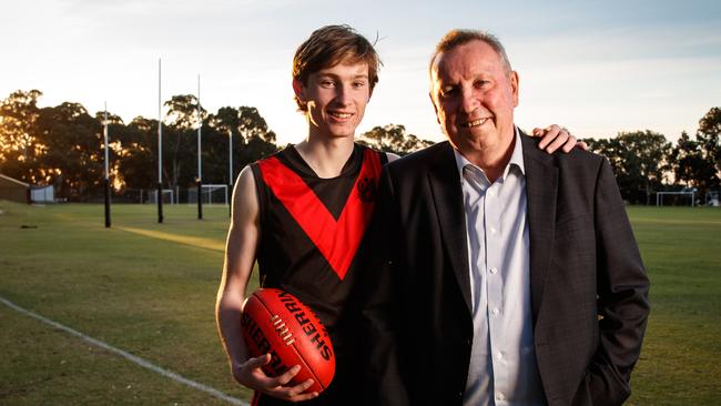 Rostrevor college footy rising star Max Michalanney with his dad Jim ahead of the intercol against Sacred Heart last year. Max is a player to watch this year. Picture: Matt Turner.