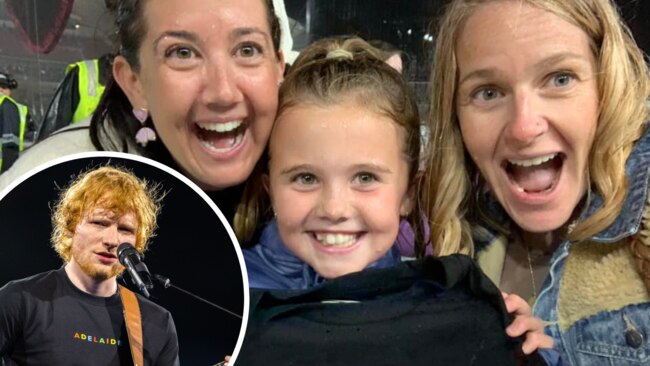 Samantha Huntley, her daughter and sister in law Kathryn Williams catch tee at Ed Sheeran concert. Artwork: Kara Jung