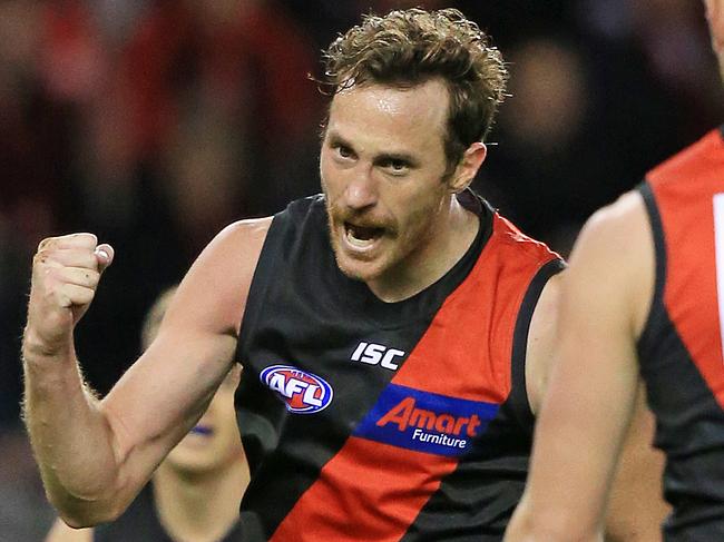 2019 AFL - Essendon V GWS Giants at Marvel Stadium, Melbourne. Mitch Brown celebrates a goal.  Picture: Mark Stewart