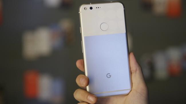 The new Google Pixel phone features a metal body and distinctive glass panel on its back. Picture: AP Photo/Eric Risberg