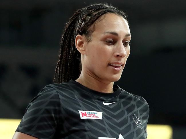 MELBOURNE, AUSTRALIA - APRIL 25: Geva Mentor of the Magpies warms up during the round six Super Netball match between Collingwood Magpies and Sunshine Coast Lightning at John Cain Arena, on April 25, 2023, in Melbourne, Australia. (Photo by Kelly Defina/Getty Images)