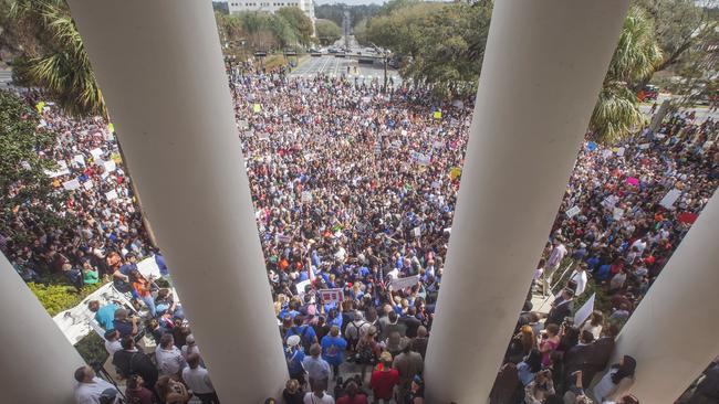 Students led gun-control rallies across the US, such as the protest at the Florida Capitol in Tallahassee. Picture: AP