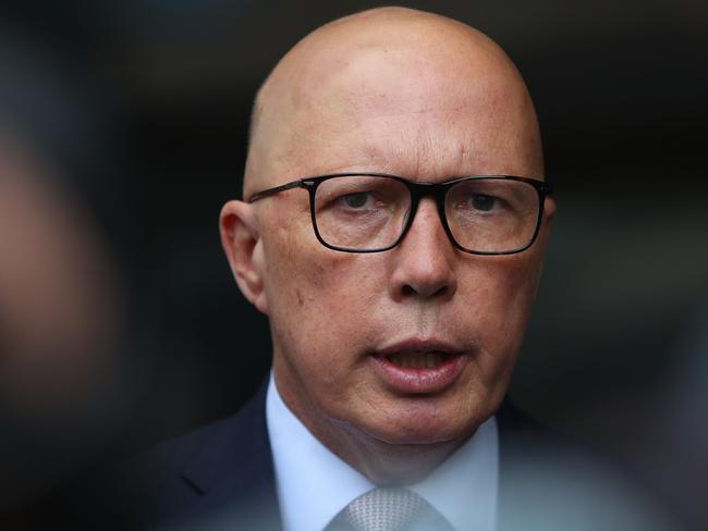 BONDI JUNCTION, AUSTRALIA - APRIL 18: Australian Opposition Leader Peter Dutton speaks with the media after laying a flower tribute at the edge of Westfield Bondi Junction during a day of reflection on April 18, 2024 in Bondi Junction, Australia. The Westfield Bondi Junction shopping centre opened today for the community to reflect following stabbing attack that killed seven, including the offender, on April 13, 2024. The shopping centre is not open for retail trade but is expected to re-open for business on April 19, 2024. (Photo by Lisa Maree Williams/Getty Images)