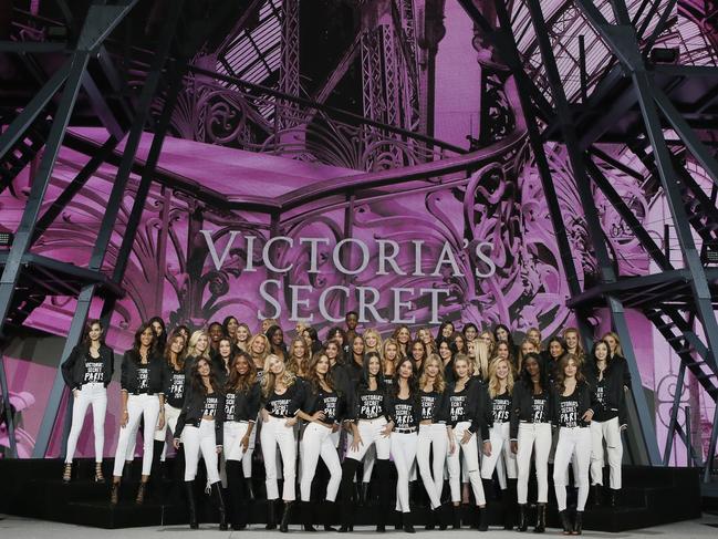 Models of the Victoria’s Secret Fashion Show pose for a group photo ahead of the celebrity-filled catwalk event of the year inside the Grand Palais in Paris. Picture: AP