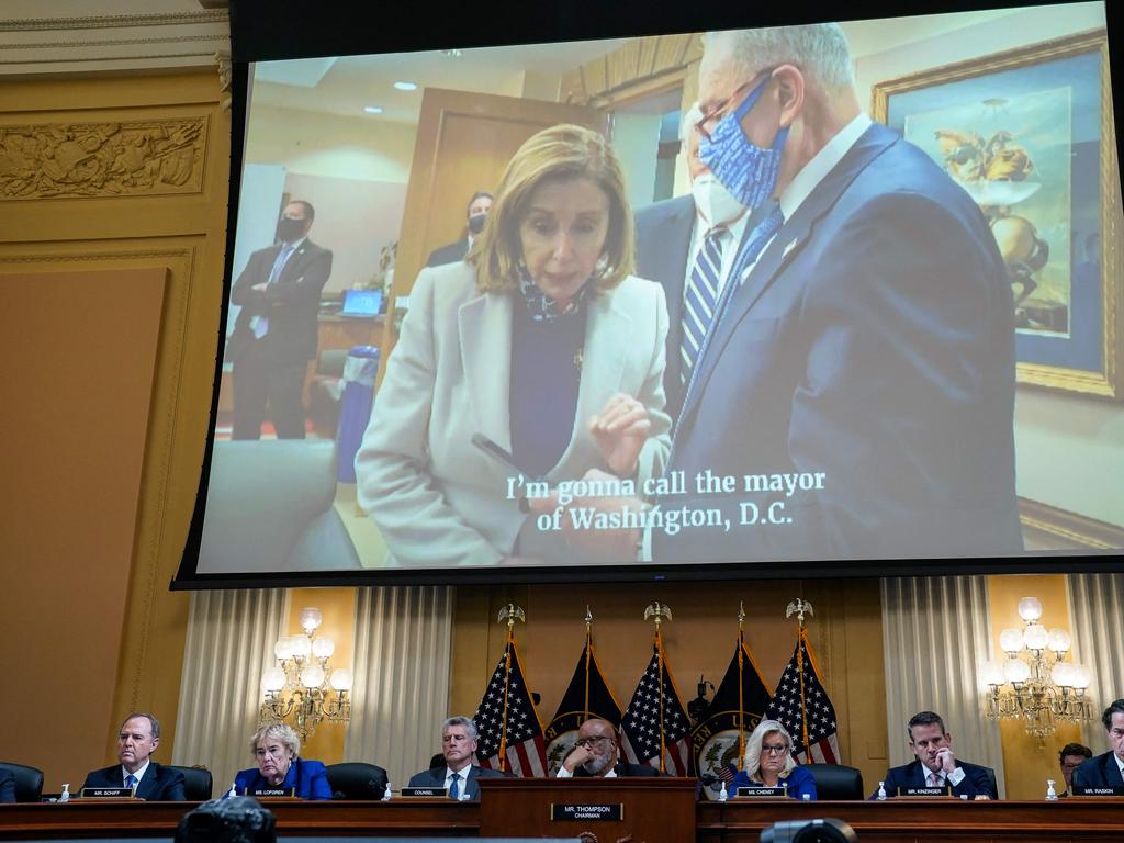 Video on screen shows Majority Leader Charles E. Schumer and House Speaker Nancy Pelosi during the US House Select Committee. Picture: AFP