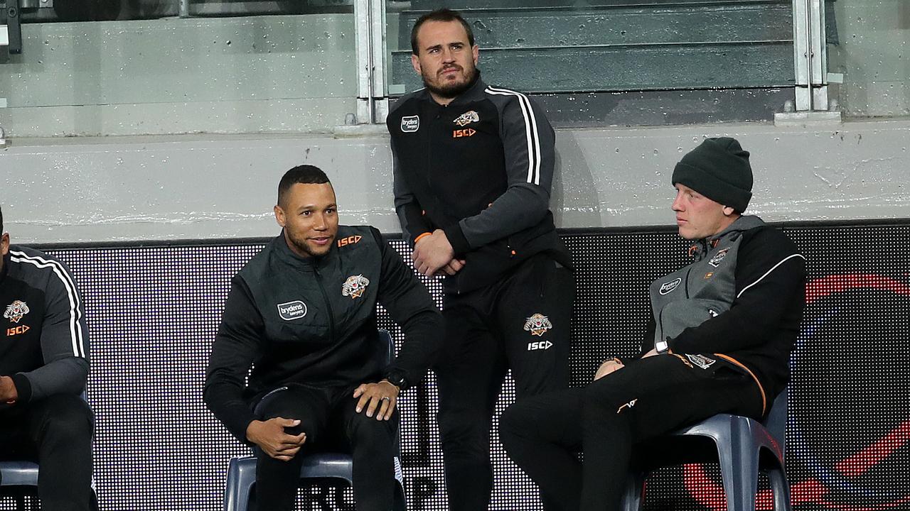 Moses Mbye wasn’t happy when he sat on the Wests Tigers bench against South Sydney Picture. Phil Hillyard