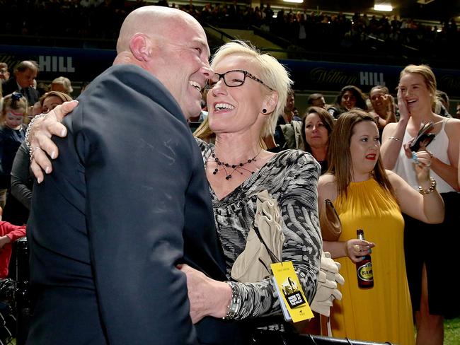 Peter Moody celebrates after Flamberge takes out the Group 1 William Reid Stakes at Moonee Valley on Moody’s last night as a licenced trainer. Picture: Mark Stewart