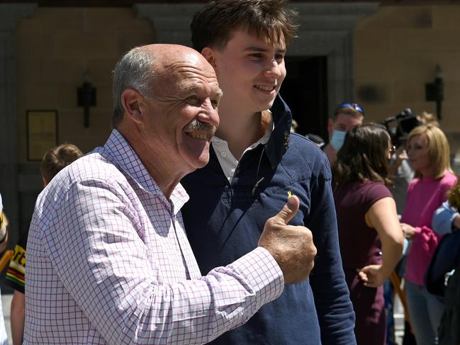 BRISBANE, AUSTRALIA - OCTOBER 01: Wally Lewis poses for a photo with fans during the NRL Grand Final Fan Fest at King George Square on October 01, 2021 in Brisbane, Australia. (Photo by Bradley Kanaris/Getty Images)