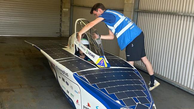 Driver Jef Suy from the Belgian team Innoptus does test laps at Hidden Valley Raceway in the lead up to the Bridgestone World Solar Challenge. Picture: Zayda Dollie