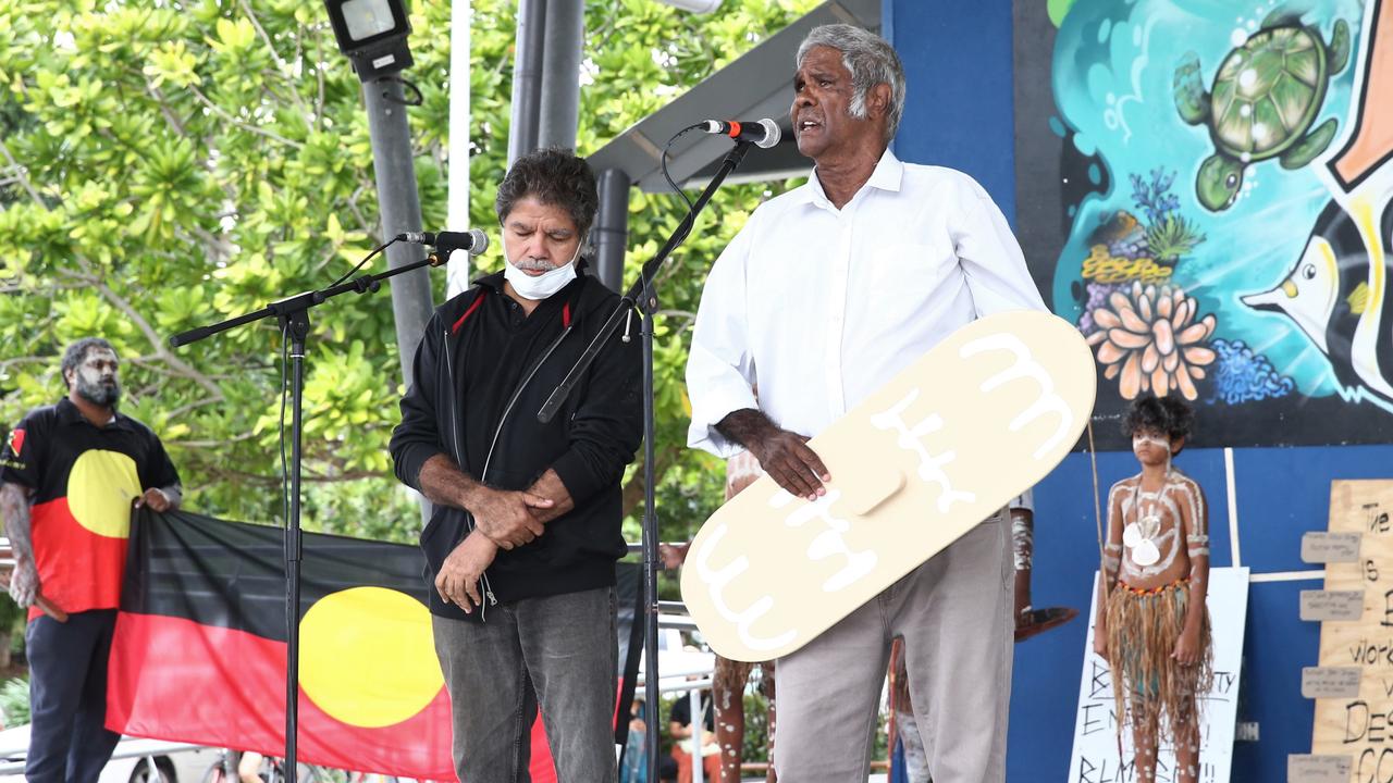 Indigenous Yarrbah elder Peter Bumi Hyde speaks at a large Black Lives Matter protest in Fogarty Park on Sunday. Picture: PETER CARRUTHERS