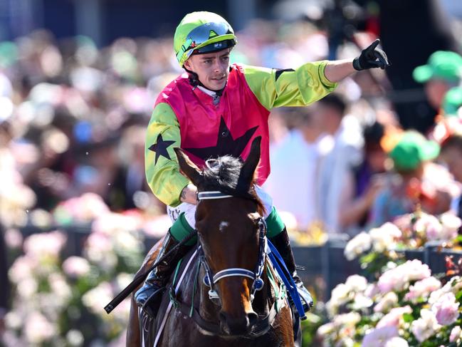 MELBOURNE, AUSTRALIA - NOVEMBER 05: Robbie Dolan riding Knight's Choice to win race six the Lexus Melbourne Cup during Melbourne Cup Day at Flemington Racecourse on November 05, 2024 in Melbourne, Australia. (Photo by Quinn Rooney/Getty Images)