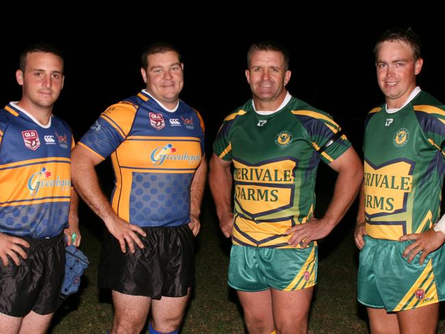 Qld Police team representatives Matt Hendry from Stanthorpe and Jim Doyle from Warwick with Shane Webcke and Wattles captain Will Manley at the Wattles v Qld Police match in 2014. (Photo: Deanna Millard)