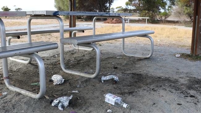 Ceduna is a dry town but evidence of heavy alcohol consumption can be seen everywhere &amp; broken glass is strewn across a local basketball court. Picture Andrew Brooks