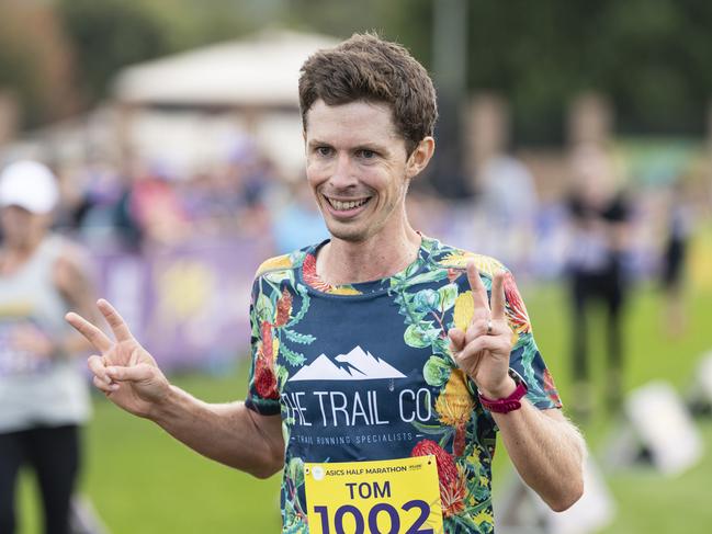 Tom Anderson finishes in third place in the half marathon of the Toowoomba Marathon event, Sunday, May 5, 2024. Picture: Kevin Farmer