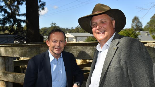 Former prime minister Tony Abbott and LNP candidate for Longman Trevor Ruthenberg at the Woodford cattle sales yards yesterday. Picture: AAP/Mick Tsikas