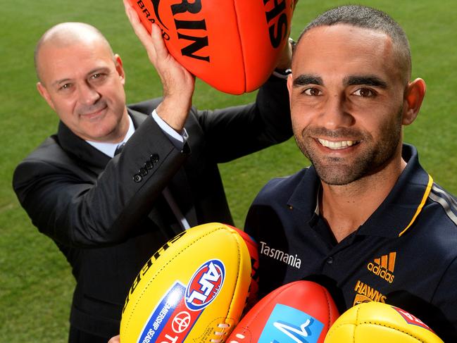 Hawthorn player Shaun Burgoyne and Darren Birch General Manager Commercial Operations at Australian Football League with Sherrin footy's for yarn about AFL signing new five year deal to make it the official matchball. Picture: Kylie Else