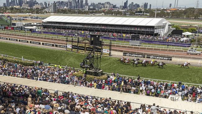 The finish of race six, the Jim Beam Stakes. Picture: Getty Images