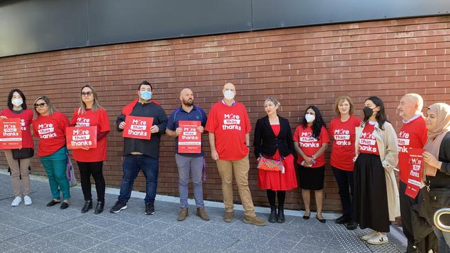 Teachers gathered out the front of a Parramatta school ahead of a visit from the premier on Tuesday.