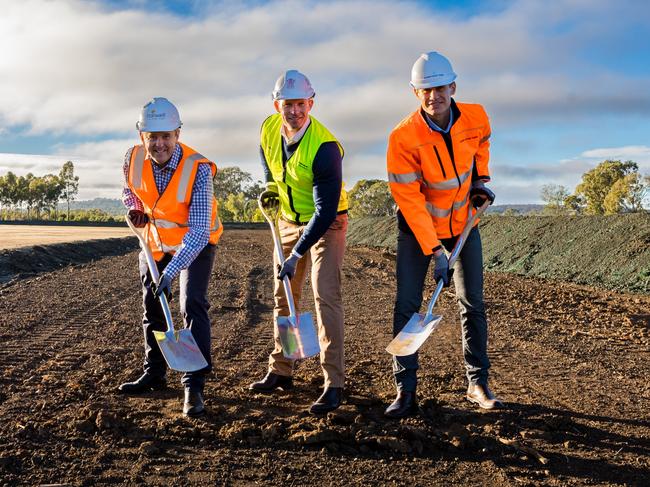 Stanwell chief executive Michael O’Rourke, Energy Minister Mick de Brenni and Cubico's David Smith at the site of the Wambo Wind Farm near Dalby.