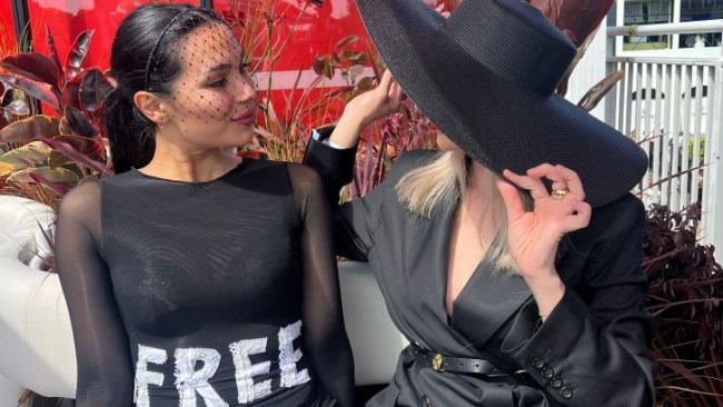 The skincare clinic wore her protest dress to Derby Day on Saturday. Picture: Supplied