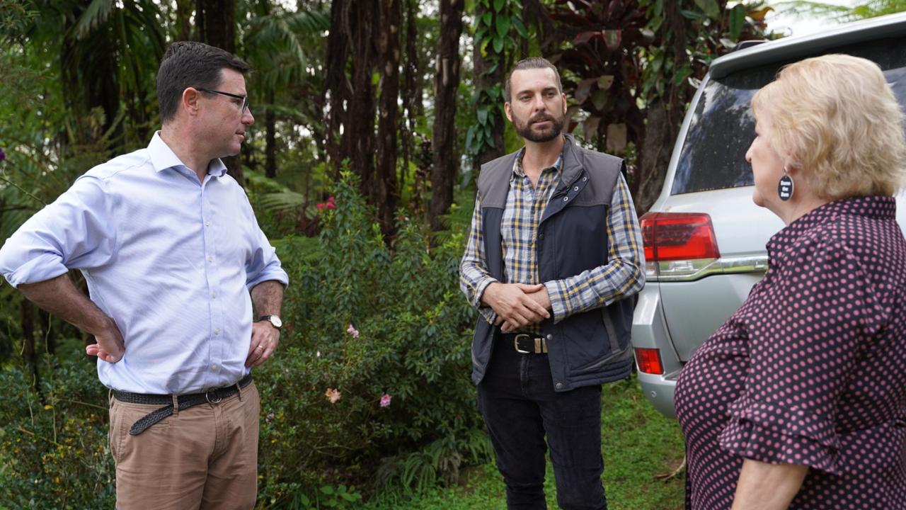 Nationals Leader David Littleproud (left) and Capricornia MP Michelle Landry (right) meet with Pioneer Valley landowner Douglas Cannon (centre). Picture: Contributed