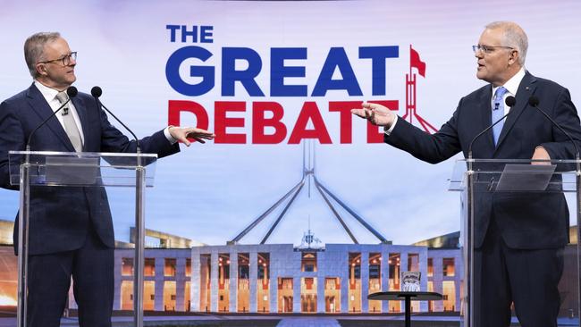 Australian opposition leader Anthony Albanese (left) and Australian Prime Minister Scott Morrison go head-to-head in the second leaders’ debate. Picture: Getty Images