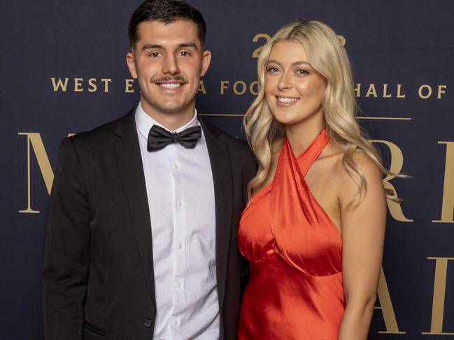 Adelaide: 11 September 2023: Hayden Sampson & Ella Anderson on the  Red Carpet at the Magarey Medal Presentation at Adelaide Oval. Picture Kelly Barnes