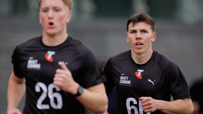 Koroit’s Finn O’Sullivan, right, is considered a top three prospect in the AFL draft. Picture: Dylan Burns