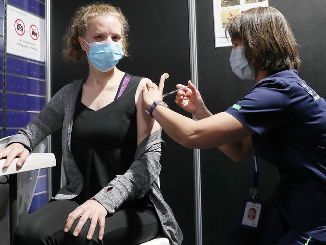 Hayley Whayman of Margate who had her Covid booster at the vaccination centre in Hobart City by Suphap Ryan registered nurse. Picture Nikki Davis-Jones