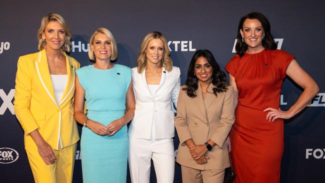 Catherine Cox, left, Sarah Jones, Megan Barnard, Isa Guha and Bianca Chatfield at the 2024 Foxtel launch. Picture: Foxtel