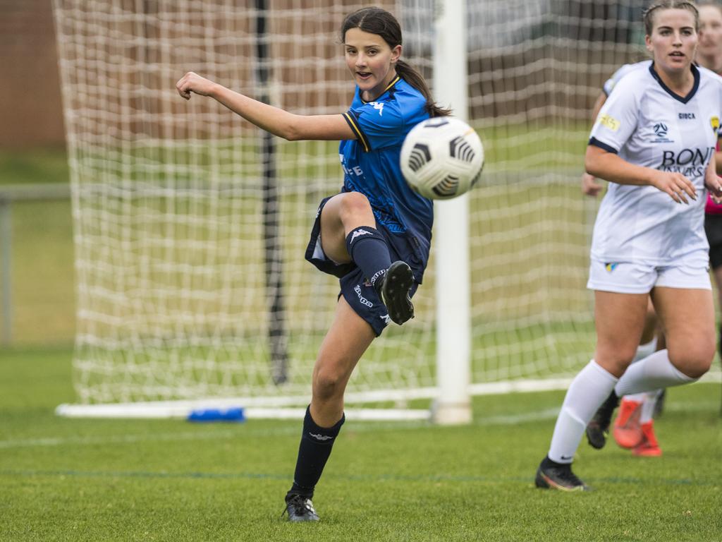 Lucy Major of South West Queensland Thunder against Gold Coast United in NPLW Queensland round 14 football at Clive Berghofer Stadium, Saturday, June 19, 2021. Picture: Kevin Farmer