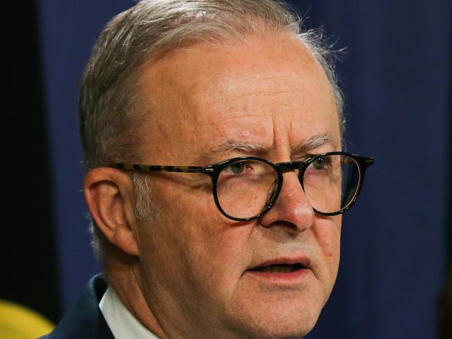 SYDNEY, AUSTRALIA: Newswire Photos: MAY 01 2024: Prime Minister Anthony Albanese is in Sydney today and addresses the media in a press conference with the Minister for Social Services, Amanda Rishworth and the Minister for Communications, Michelle Rowland. Picture: NCA Newswire / Gaye Gerard