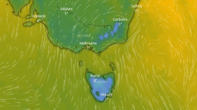 Snow levels will start to lower across Tasmania on Saturday, getting as low as 500m or 600m by the end of the day. Picture: Windy.com