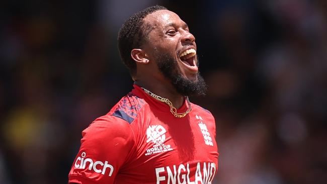BRIDGETOWN, BARBADOS - JUNE 23: Chris Jordan of England celebrates the wicket of Saurabh Netravalkar of USA to complete a hat trick during the ICC Men's T20 Cricket World Cup West Indies & USA 2024 Super Eight match between USA and England at Kensington Oval on June 23, 2024 in Bridgetown, Barbados. (Photo by Robert Cianflone/Getty Images)