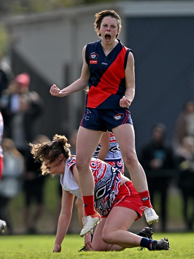 NFL: Maykaylah Appleby celebrates a goal for Diamond Creek Women’s. Picture: Andy Brownbill