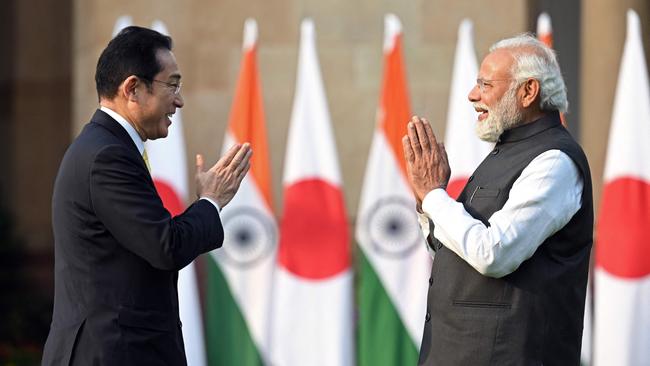 Fumio Kishida and Narendra Modiin New Delhi on Saturday. Picture: AFP