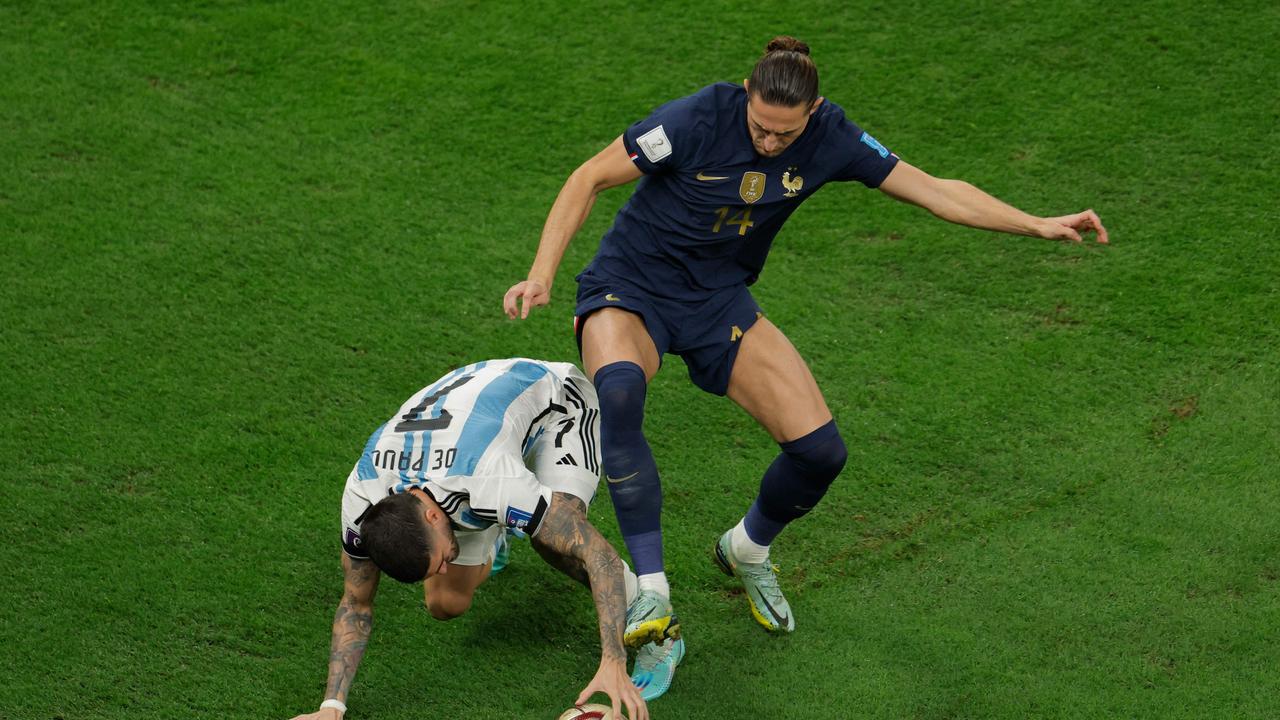 drien Rabiot fight for the ball during the Qatar 2022 World Cup football final match between Argentina and France.