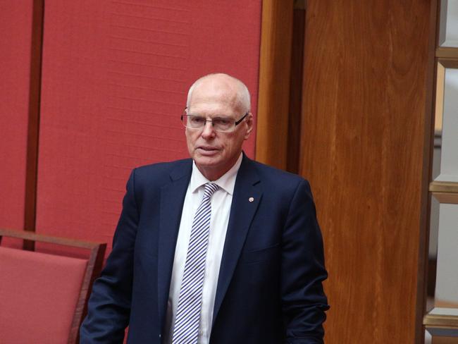 The Senate, Parliament House in Canberra on Budget day 2018. Jim Molan on a single crutch.Picture: Gary Ramage