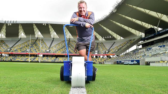 Queensland Country Bank Stadium Grounds Manager Bruce Fouracre making history line marking at the new stadium. Picture: Shae Beplate.